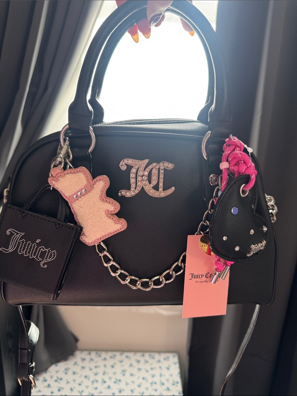 Juicy Couture Black Satchel with Pink Charm Accents
